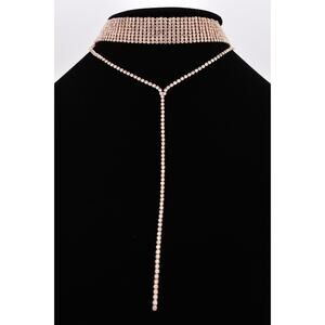Vintage Crystal Choker Necklace Y Drop Chain Rhinestone Shiny Gold Tone 90s BinI